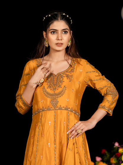 Dhiyona CH Ethnic Motifs Embroidered Zari Anarkali Kurta with Trousers & Dupatta