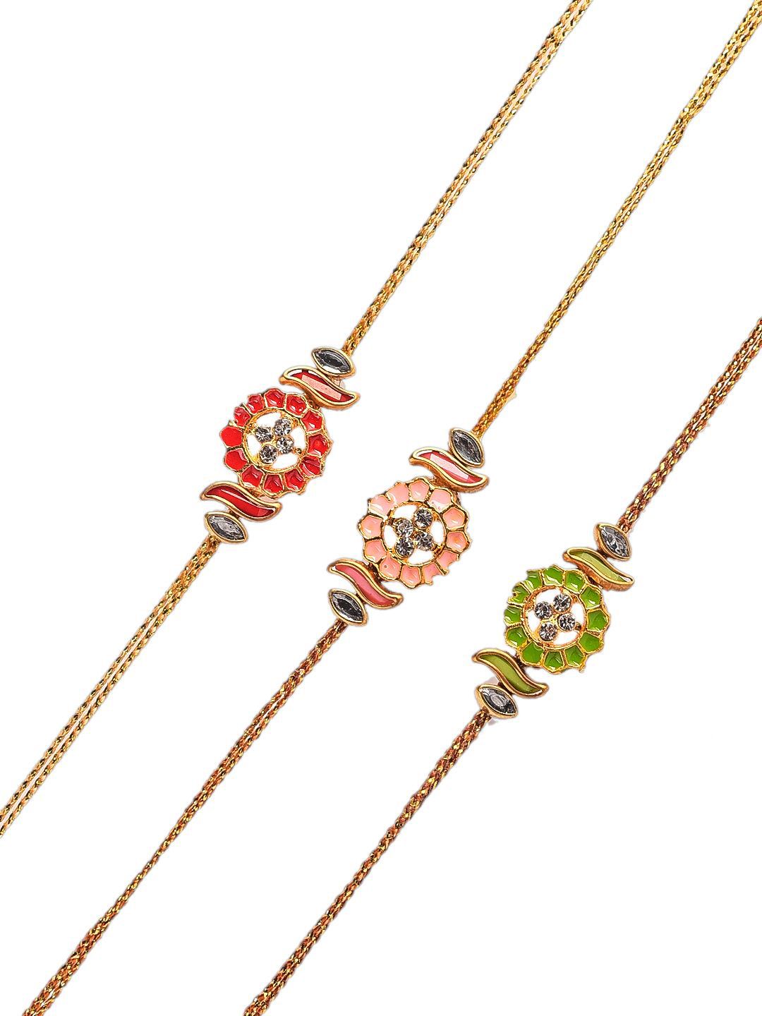 Dhiyona Set Of 3 Red Kundan-Studded & Beaded Rakhi With Roli Rice & Greeting Card