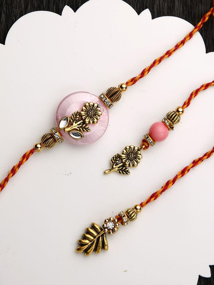 Dhiyona Pink Stone Studded & Beaded Floral Bhaiya Bhabhi Thread Rakhis With Roli Chawal