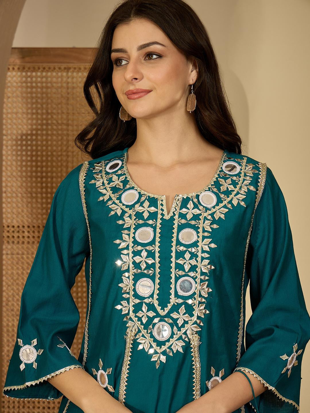 Women Floral Embroidered Regular Mirror Work Kurta with Palazzos