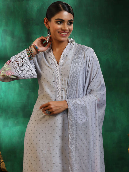 Women's LB Grey Printed Silk Blend Straight Suit With Dupatta