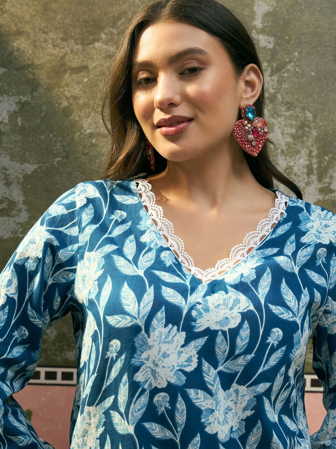 Printed Pure Cotton V-Neck Kurti & Salwar