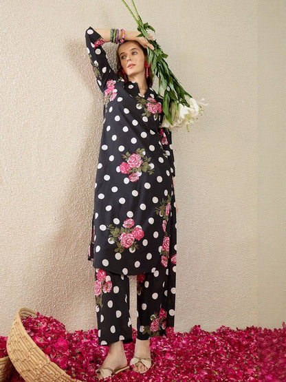 Dhiyona IE Printed Mandarin Collar Three-Quarter Sleeves Pure Cotton Top With Trousers