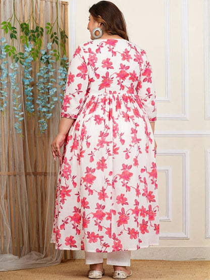 Dhiyona KL Floral Printed V-Neck Empire Pure Cotton Kurta With Trousers & Dupatta