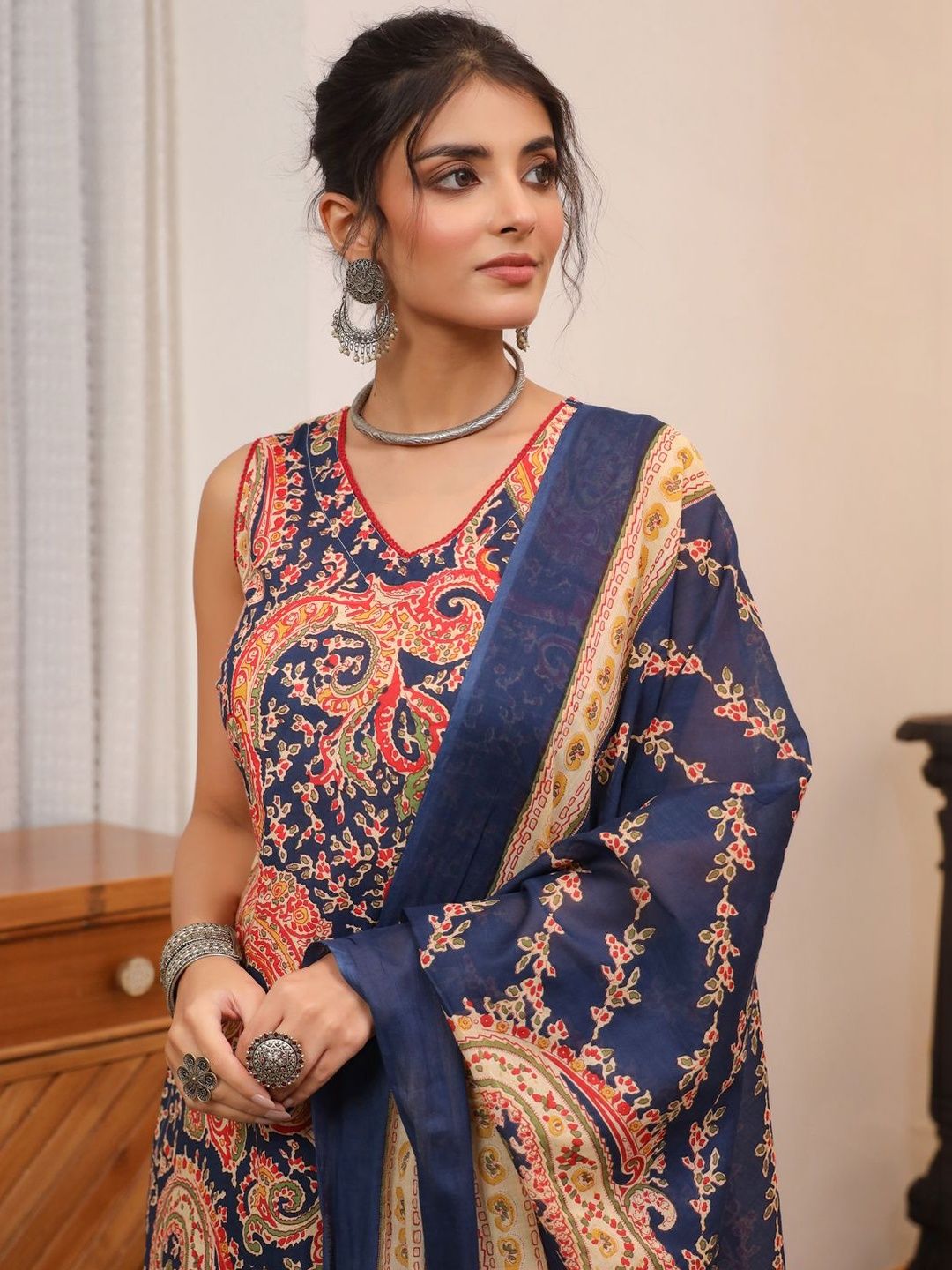 Dhiyona RR Women's Ethnic Motifs Printed Regular Pure Cotton Top with Trousers & With Dupatta
