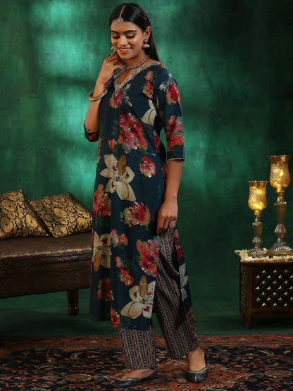 Women's LB Teal Printed Silk Blend Straight Suit With Dupatta