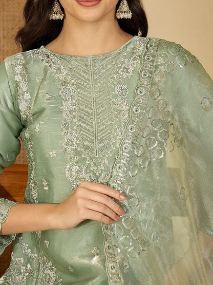 Dhiyona SN Women Floral Embroidered Silk Kurta with Palazzos & Dupatta