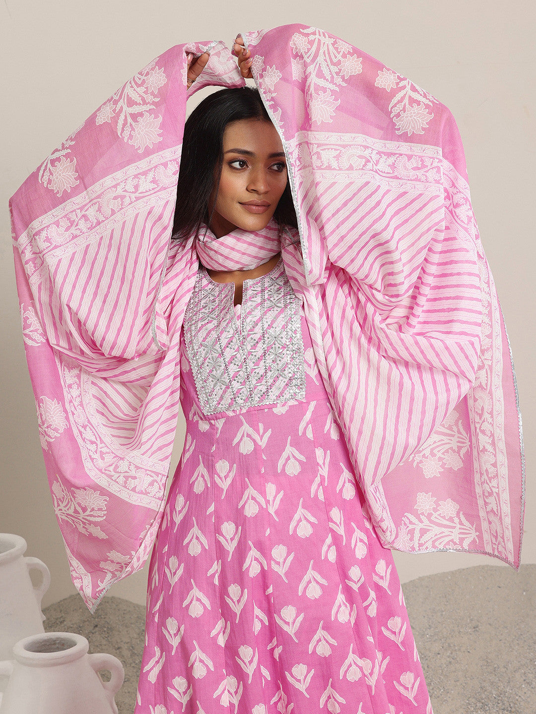 Women Ethnic Motifs Printed Panelled Thread Work Kurta with Churidar & With Dupatta