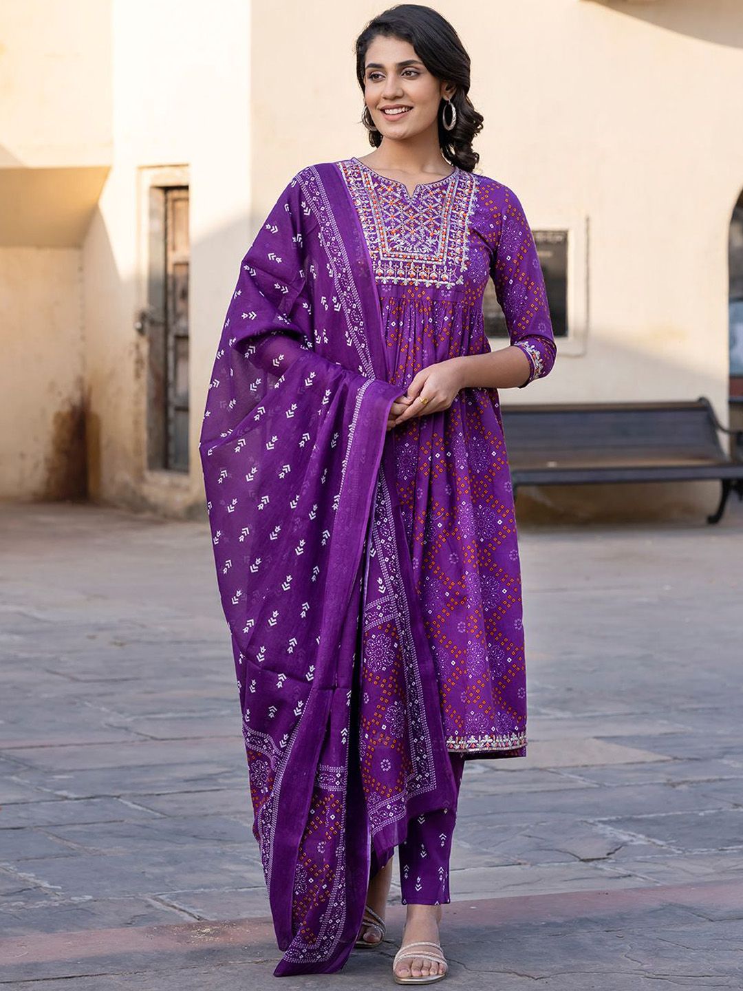 Dhiyona KL Bandhani Printed Thread Work Pure Cotton A-Line Kurta With Trouser & Dupatta