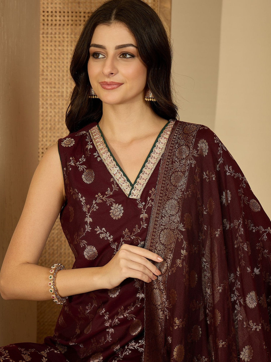 Floral Woven Design Winter Pashmina V-Neck Zari Work Kurta With Palazzo & Dupatta