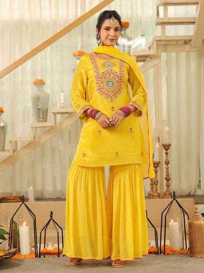 Dhiyona SC Women Ethnic Motifs Embroidered Kurta with Sharara & Dupatta