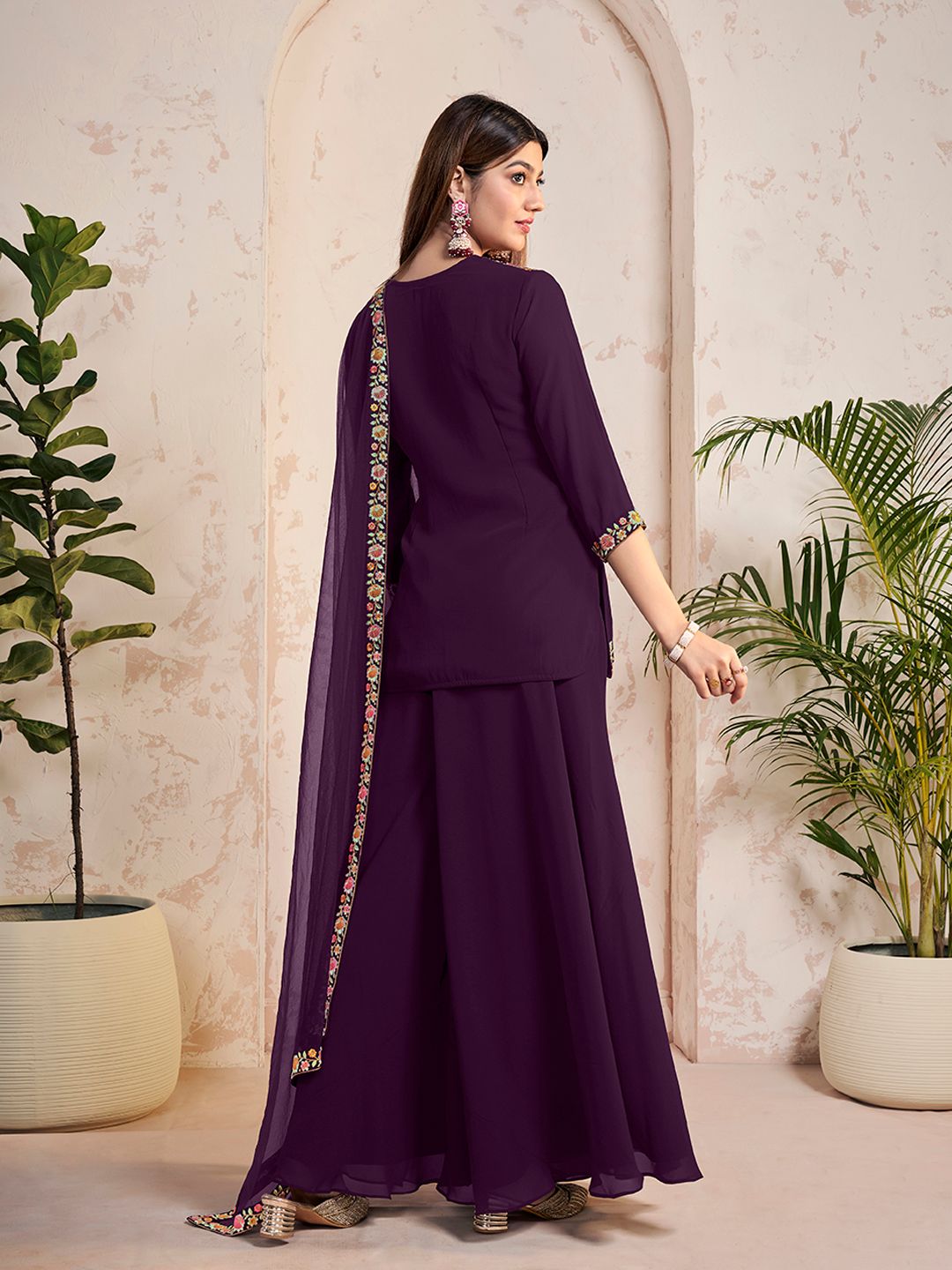 Dhiyona IN Ethnic Motifs Embroidered Thread Work Georgette Kurta With Sharara And Dupatta