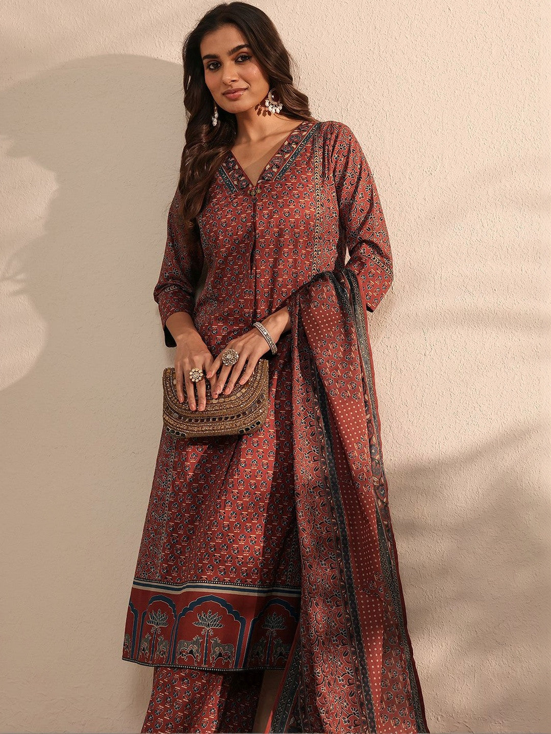 Maroon Ajrakh Printed Cotton A-Line Suit Set with Dupatta