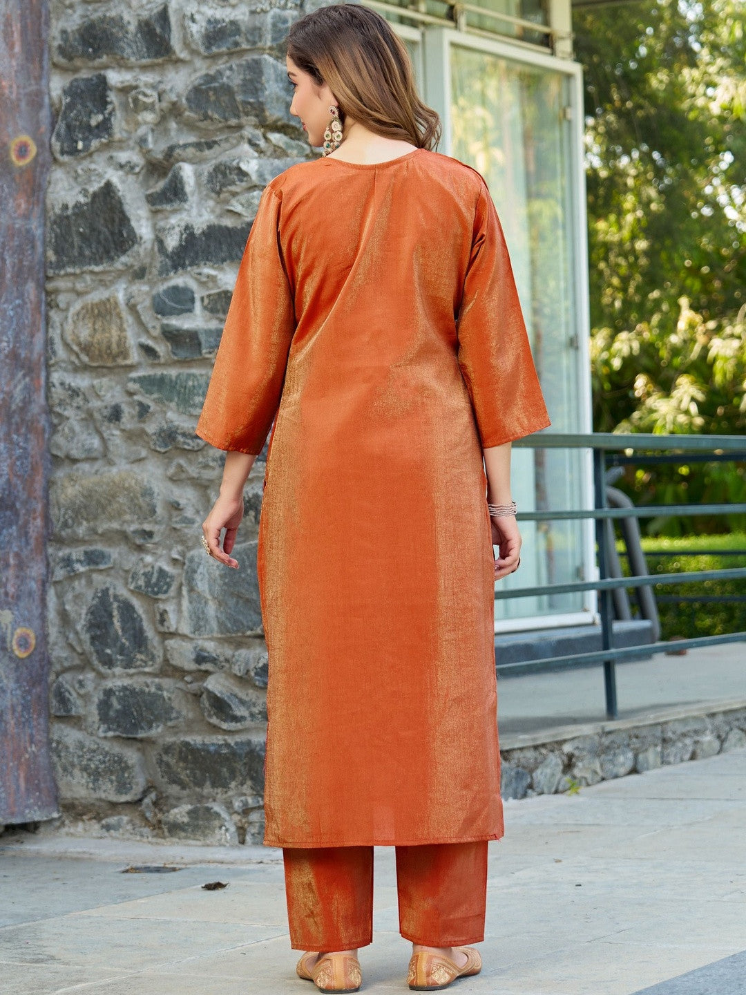 Embroidered Silk Georgette V-Neck Kurta & Trousers With Dupatta