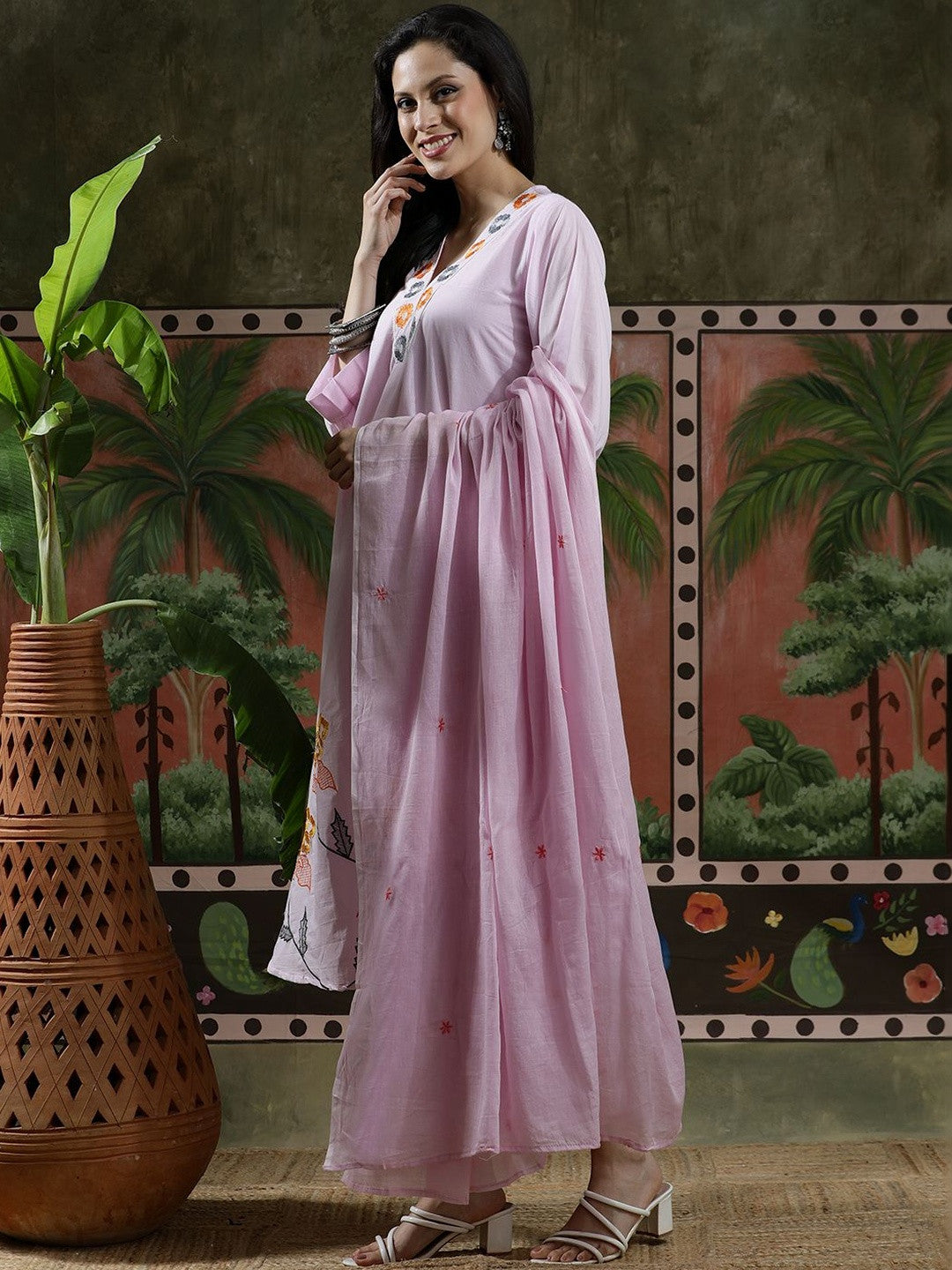 Embroidered Pure Cotton V-Neck Kurta & Trousers Kurta Sets