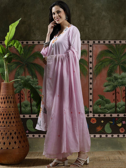 Embroidered Pure Cotton V-Neck Kurta & Trousers Kurta Sets
