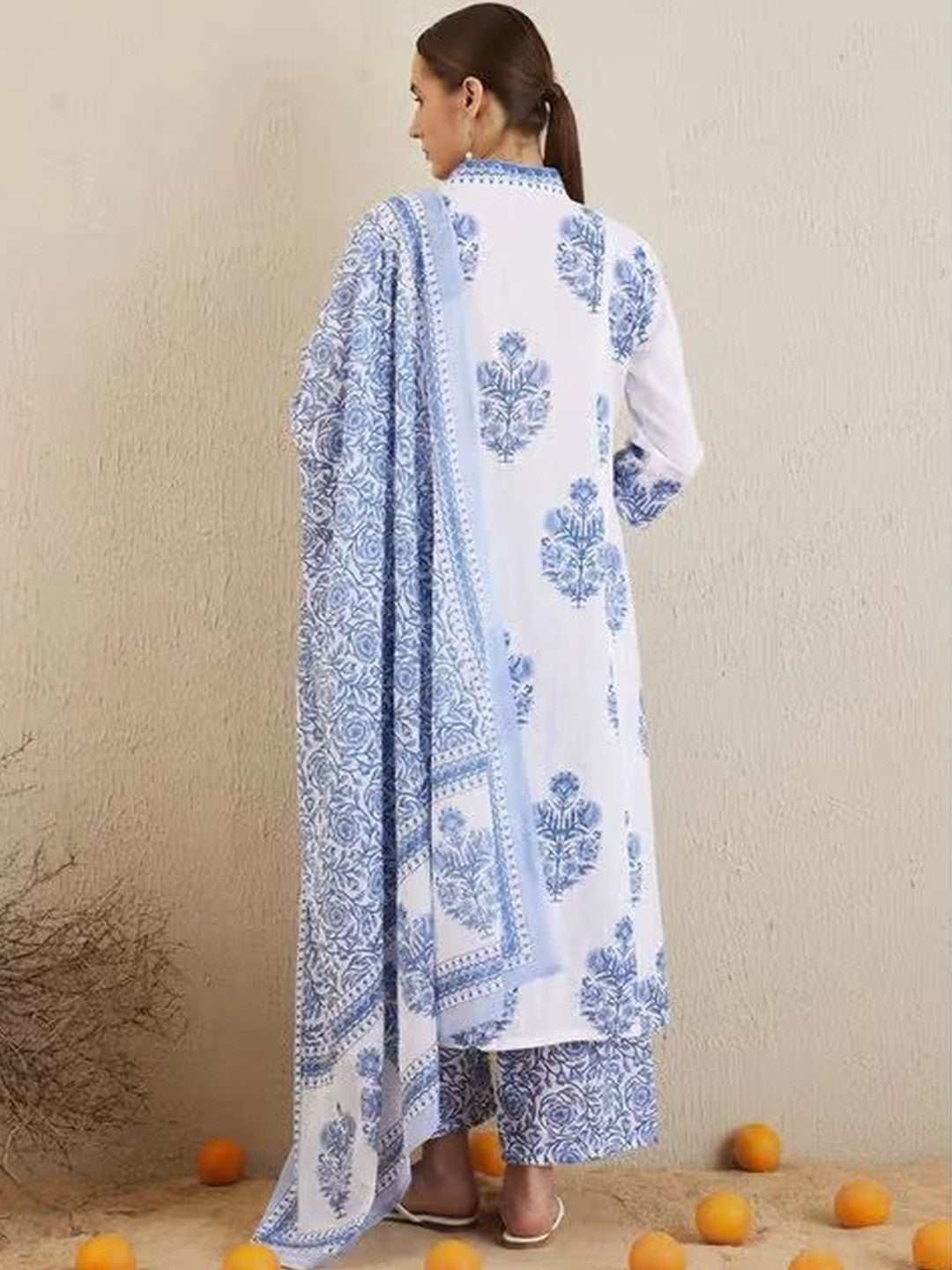 Printed Pure Cotton V-Neck Kurta Trousers & Dupatta