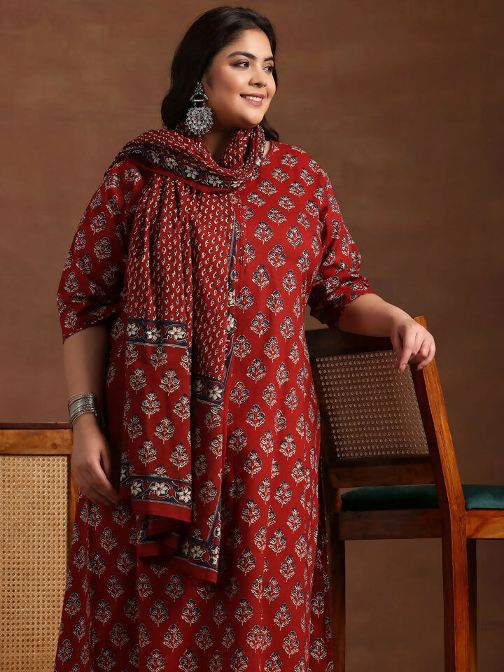 Women's LB Plus Size Rust Printed Cotton Straight Suit With Dupatta