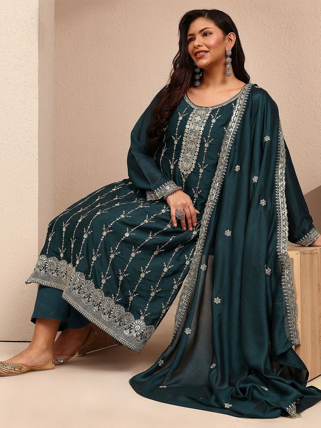 Dhiyona Women's Ethnic Motifs Embroidered Regular Thread Work Kurta with Palazzos & With Dupatta