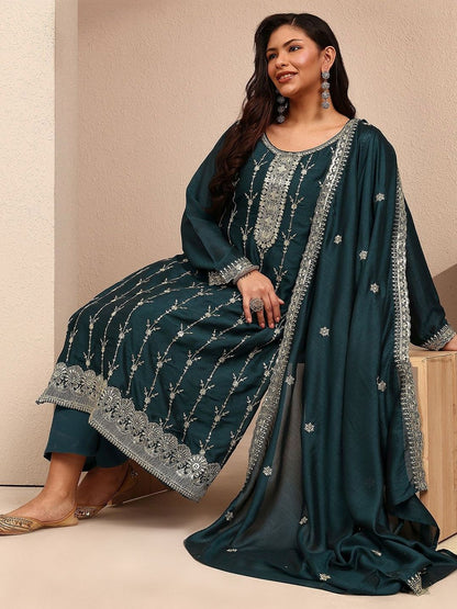 Dhiyona Women's Ethnic Motifs Embroidered Regular Thread Work Kurta with Palazzos & With Dupatta