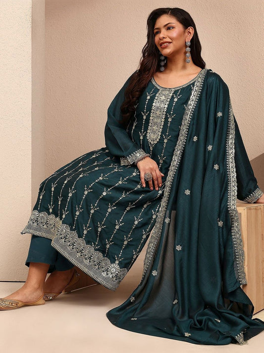 Dhiyona Women's Ethnic Motifs Embroidered Regular Thread Work Kurta with Palazzos & With Dupatta