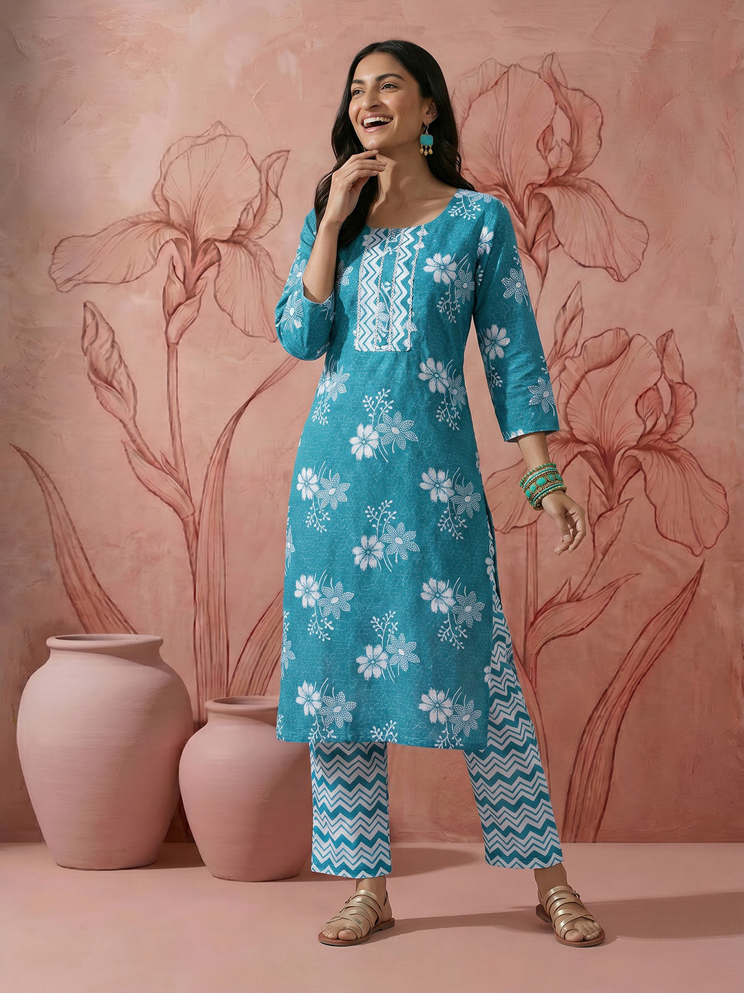 Floral Printed Regular Pure Cotton Kurta with Trousers & Dupatta