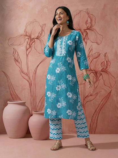 Floral Printed Regular Pure Cotton Kurta with Trousers & Dupatta