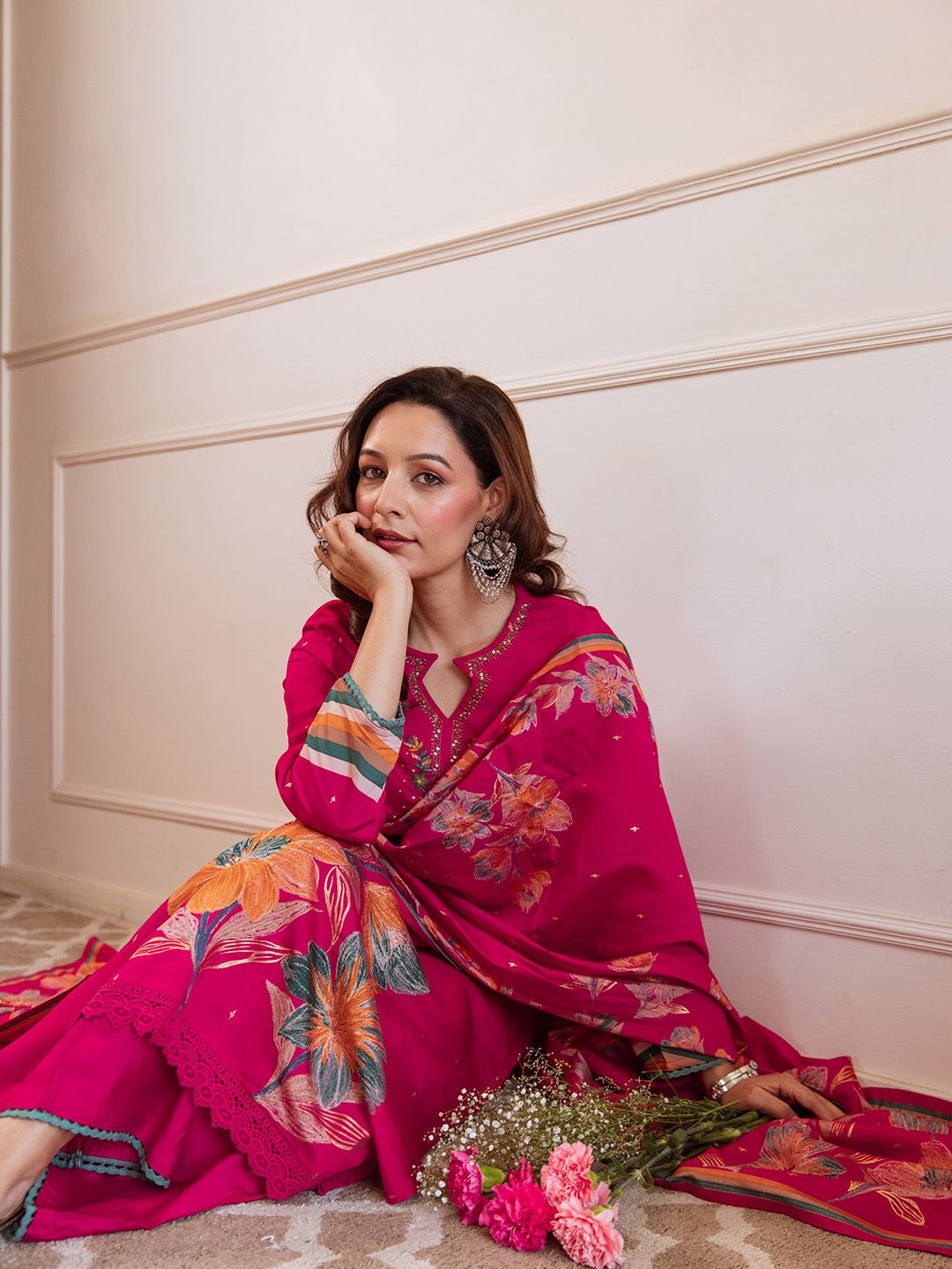 Dhiyona SN Women Floral Embroidered Kurta with Palazzo & Dupatta