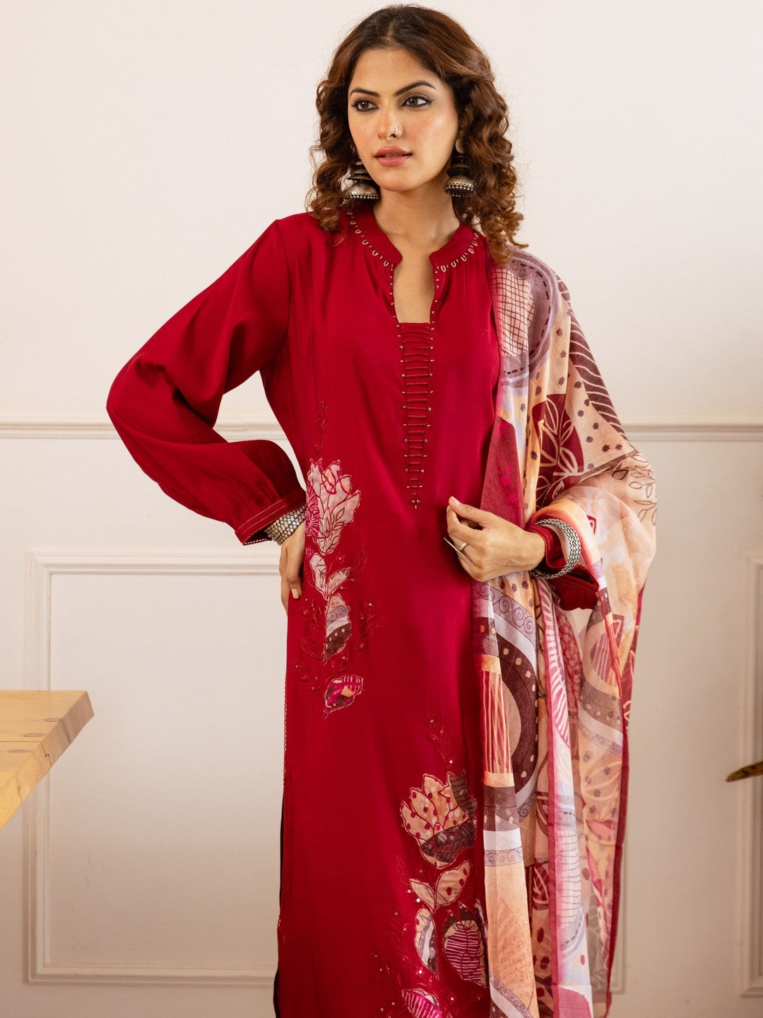 Embellished Straight Kurta With Trousers & Dupatta