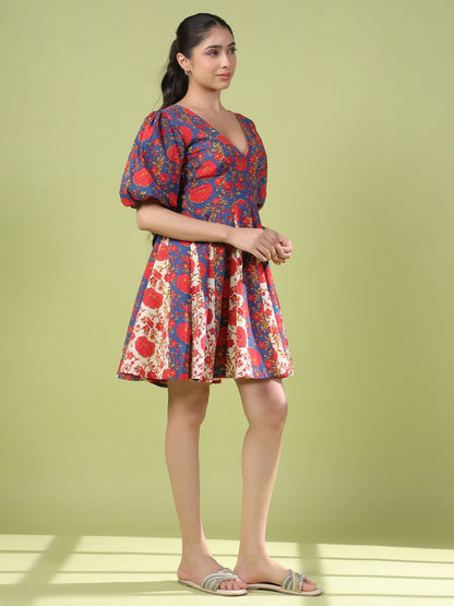 Dhiyona AY Women's Floral Print Puff Sleeve Fit & Flare Dress