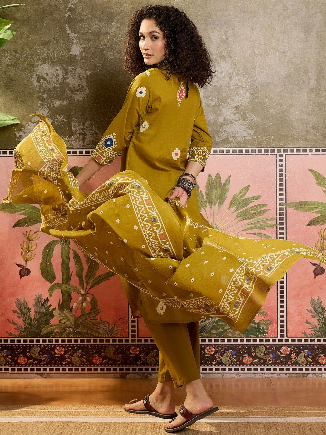 Printed Cotton V-Neck Kurta & Trousers With Dupatta