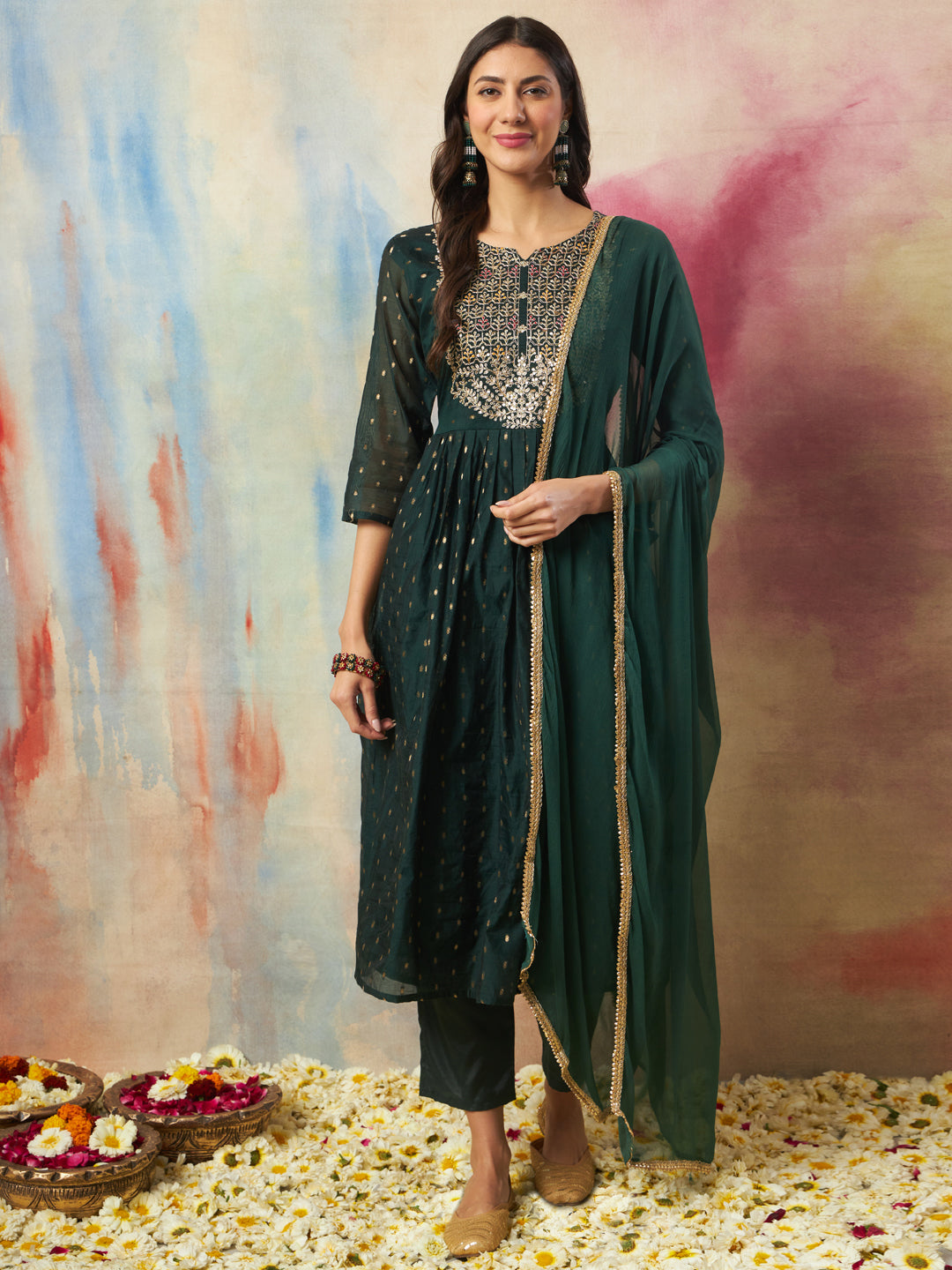 Dhiyona VV Dakshini Women Flared Kurta and Trousers Pant Set Cotton Silk Blend