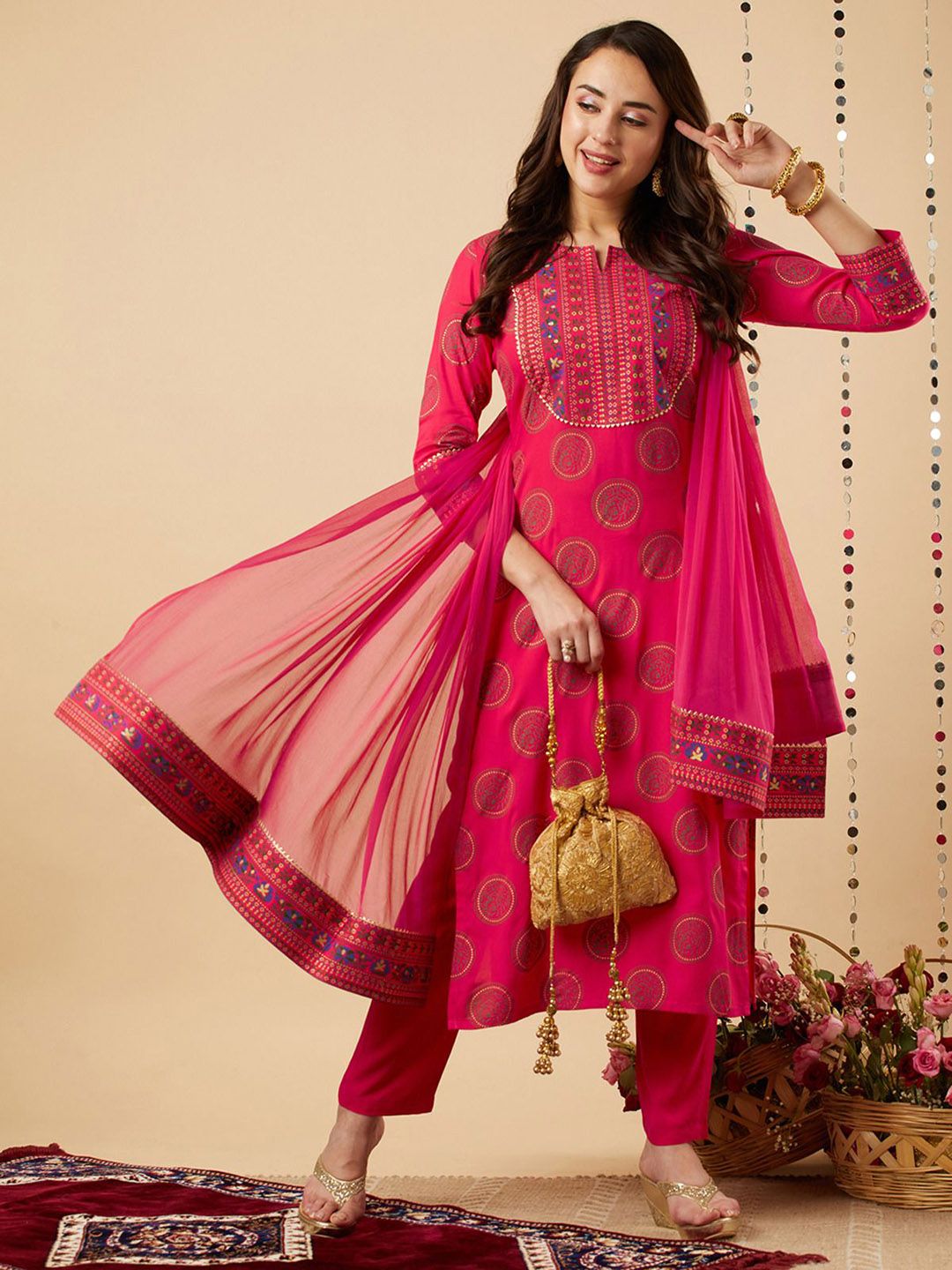Dhiyona KL Women Ethnic Motifs Printed Regular Kurta with Trousers & With Dupatta