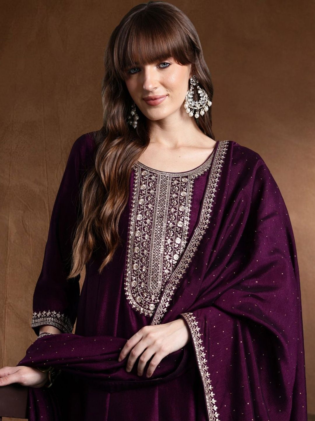Dhiyona IE Women Ethnic Motifs Embroidered Panelled Thread Work Kurta with Trousers & With Dupatta