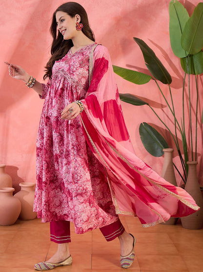 Pink Floral Printed Empire V-Neck Pure Cotton Kurta With Trouser And Dupatta