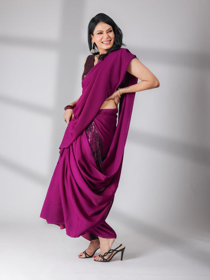 Dhiyona ST SET | Cocktail Plum Saree With Wine Sequin Sleeveless Blouse - 2 Piece