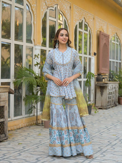 Dhiyona KL Women Blue Viscose Rayon Kurti With Sharara & Dupatta