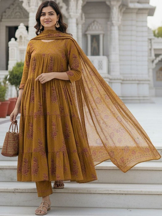 Dhiyona KL Women Ethnic Motifs Printed Tiered Kurta with Trousers & With Dupatta