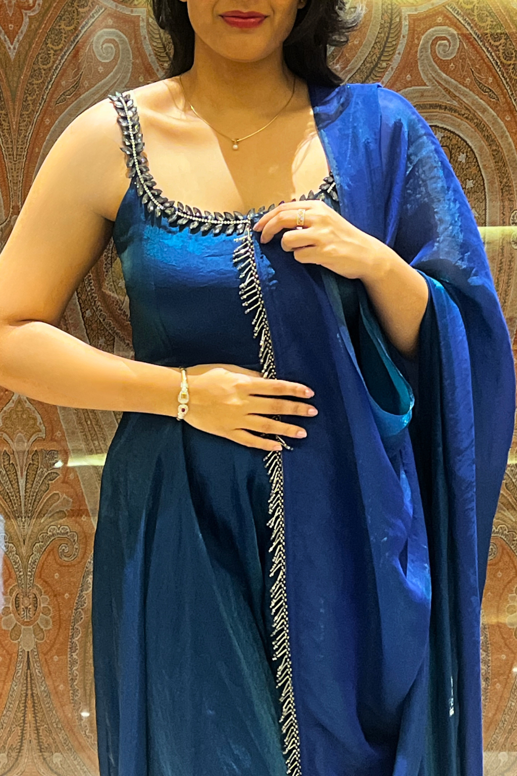 Dhiyona ST 3 Pc Set -  Peacock Satin Sleeveless Anarkali Suit with Black Glass Beads Neckline with Pants and Dupatta