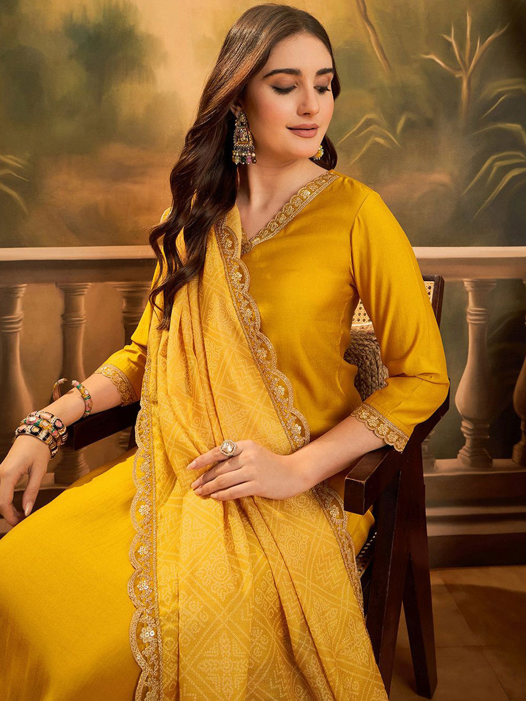 Floral Yoke Design V-Neck Sequinned Roman Silk Kurta With Trousers & Dupatta
