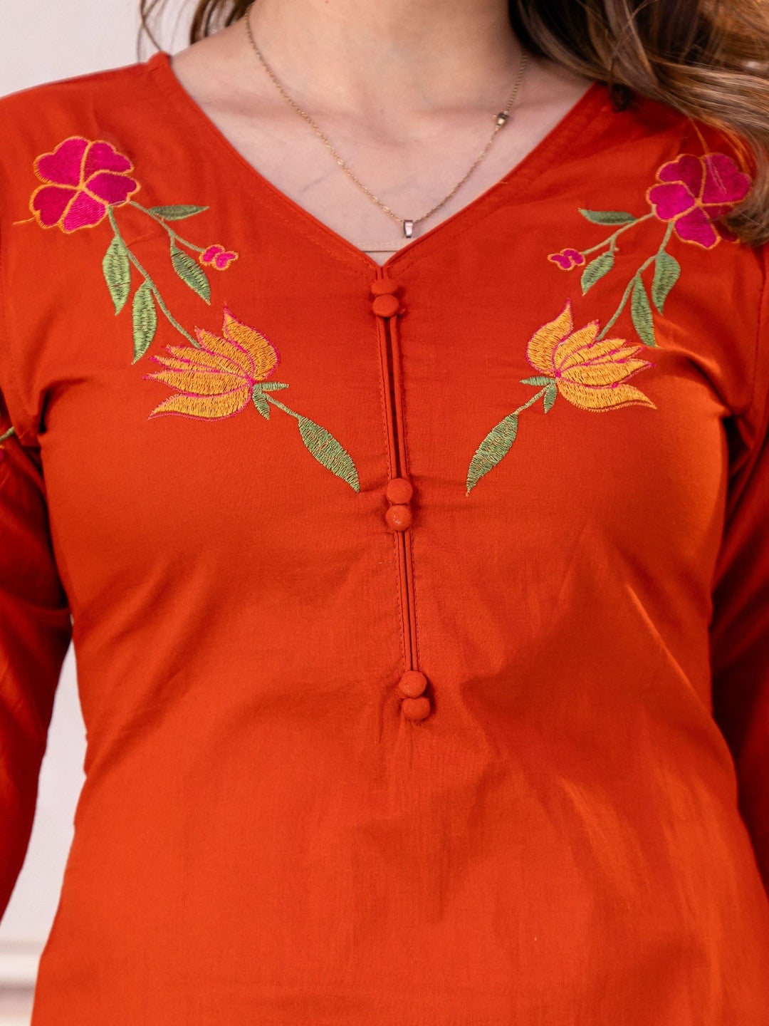Embroidered Pure Cotton V-Neck Kurta & Trousers With Dupatta