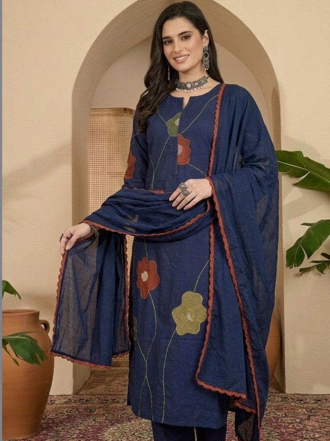 Printed Cotton Round Neck Kurta & Trousers With Dupatta