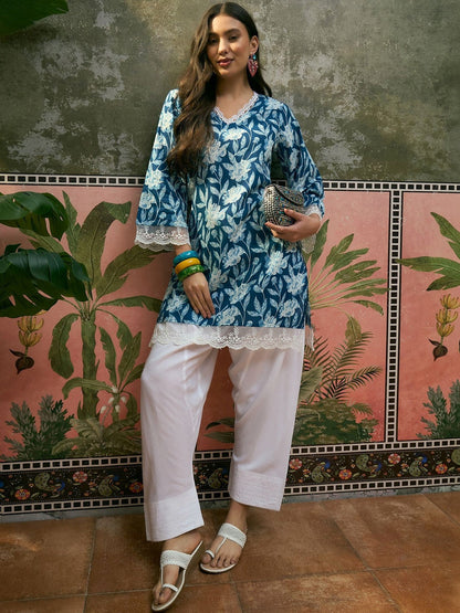 Printed Pure Cotton V-Neck Kurti & Salwar