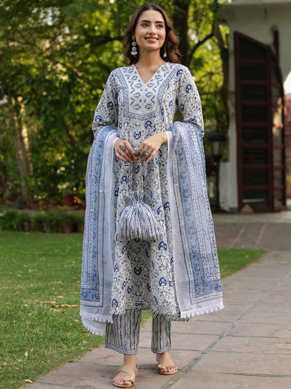 Dhiyona RR Women's Ethnic Motifs Printed Pure Cotton Kurta with Trousers & Dupatta