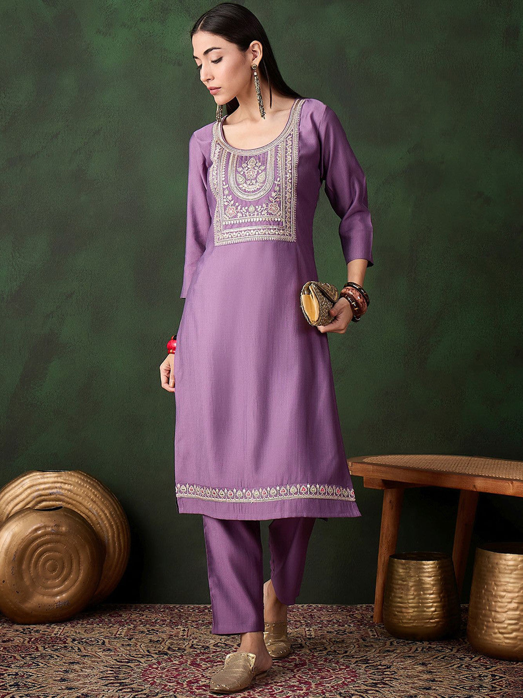 Women Ethnic Motifs Solid Kurta with Trousers