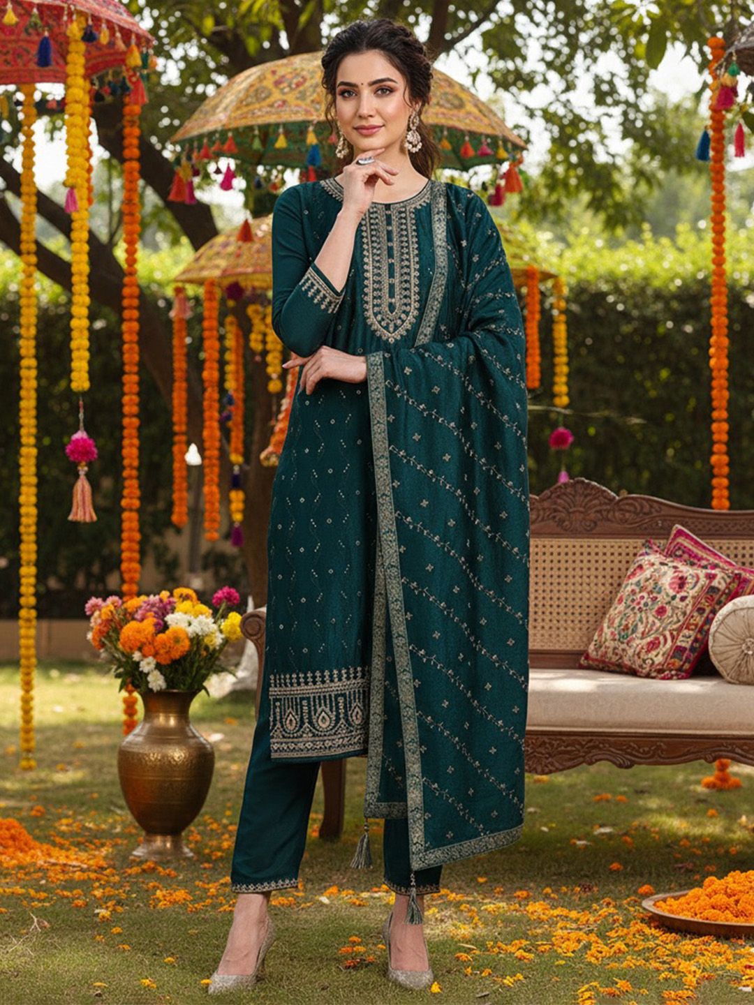 Dhiyona KL Ethnic Motifs Embroidered Regular Sequinned Kurta with Palazzos & With Dupatta