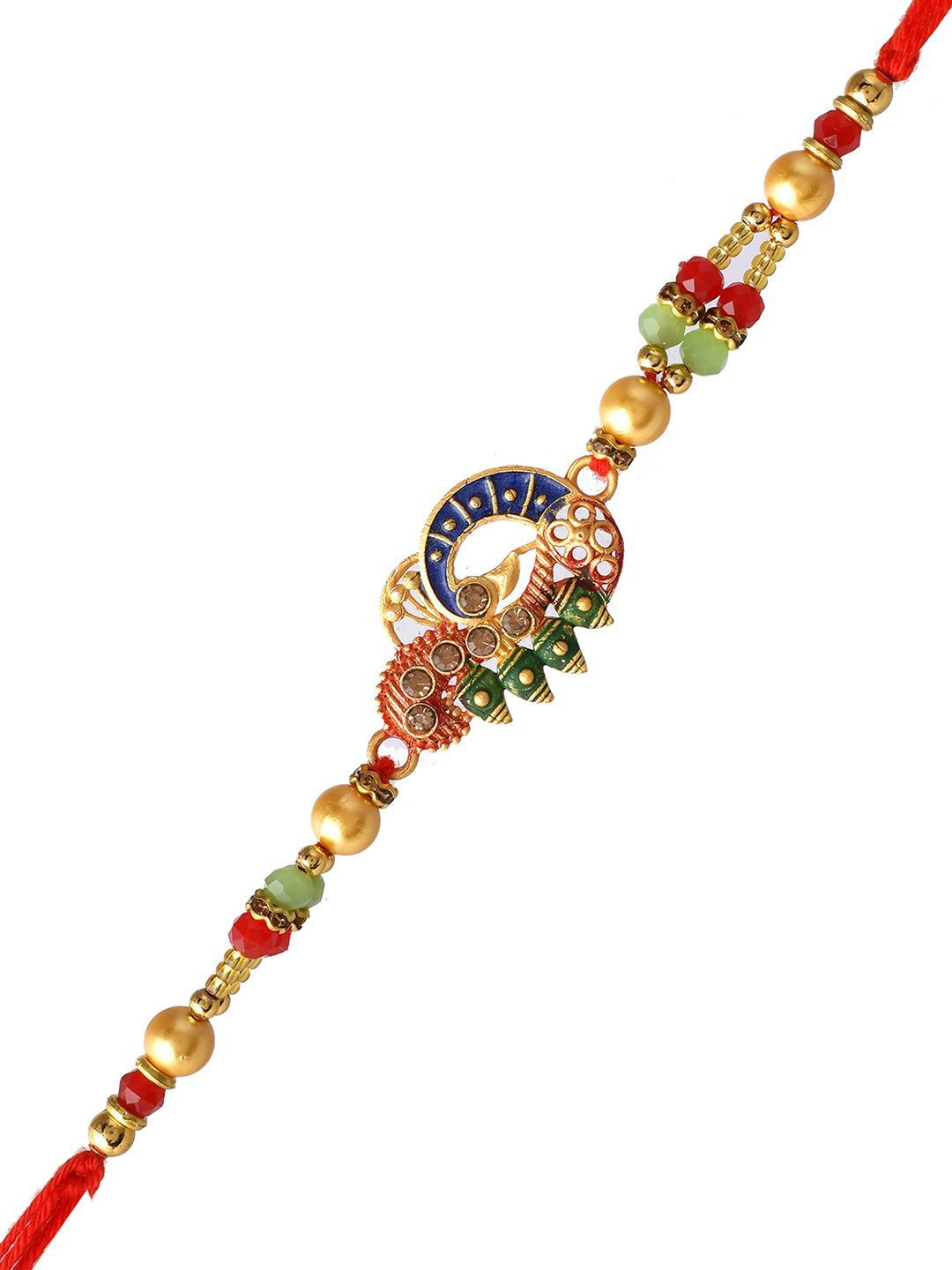 Dhiyona Red Stone Studded & Beaded Thread Rakhi With Roli Chawal & Greeting Card