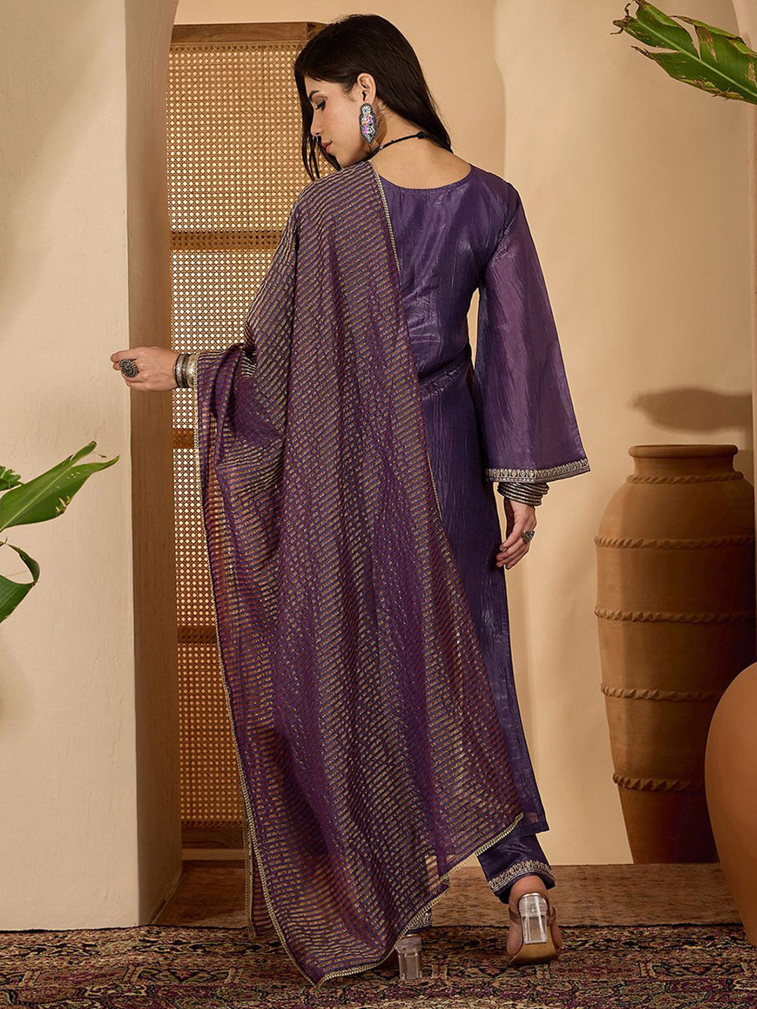 Women Zari Sequence Embroidered Kurta With Trouser & Dupatta
