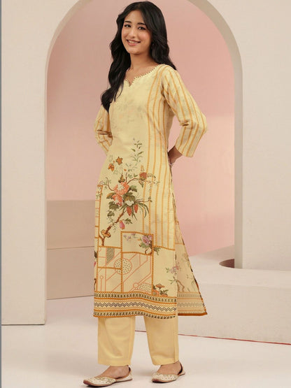 Beige Floral Print Muslin Straight Suit Set