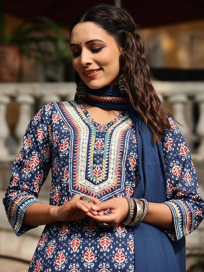 Dhiyona RR Women's Printed Regular Mirror Work Pure Cotton Kurta with Trousers & With